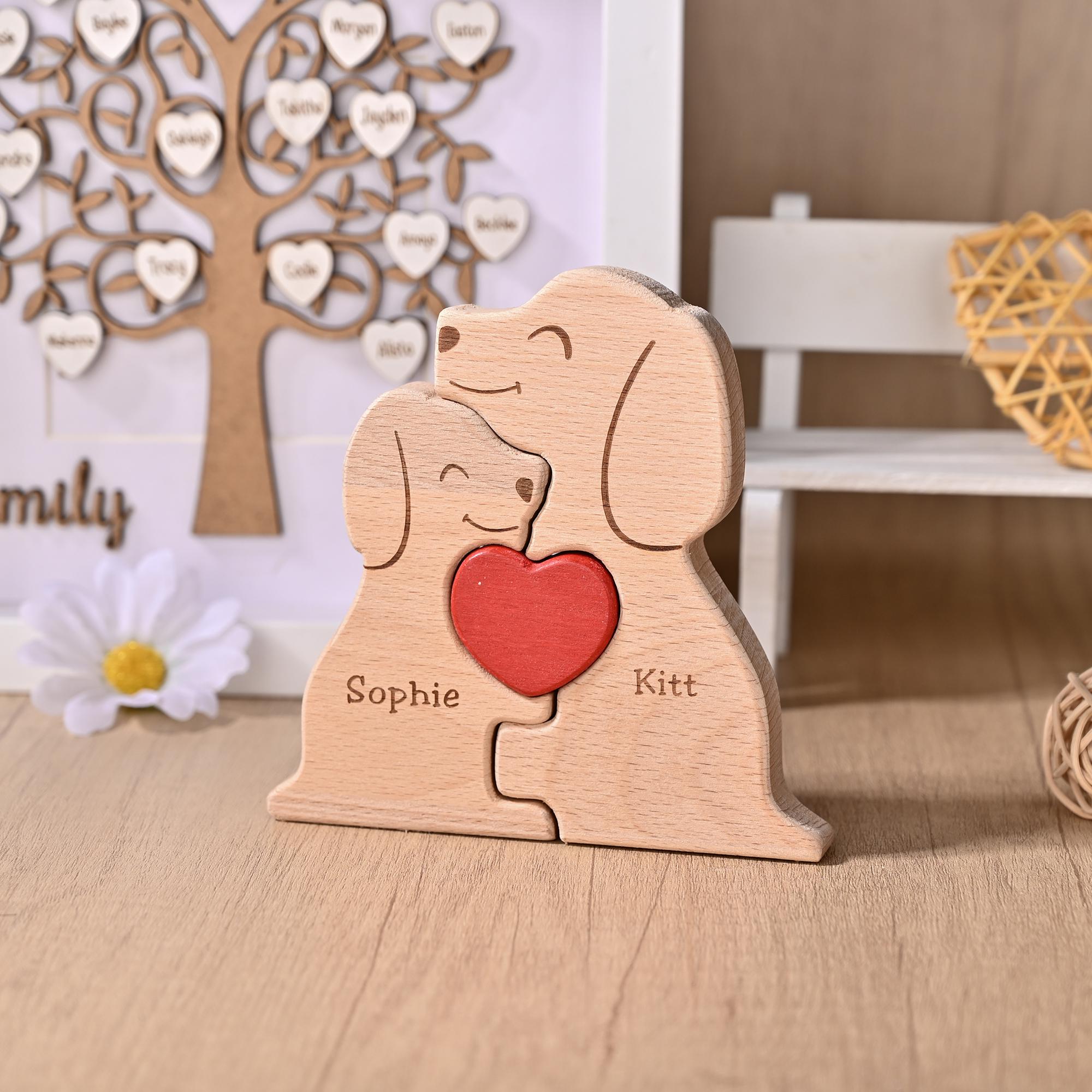 Personalized Wooden Dog Jigsaw Puzzle, Dog Family Figurines, Engraved Family Name Keepsake, Gift for Dog Lovers, Christmas Gift for Dog Mom