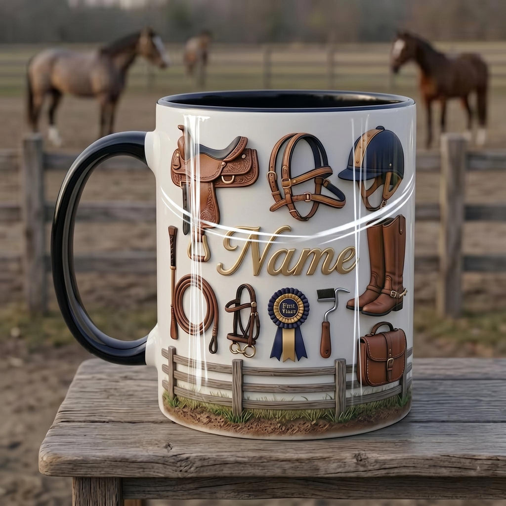 Personalized Horseback Riding Mug, Custom Rider Name Coffee Cup, Faux 3D Effect Equestrian Gift, 11oz or 15oz