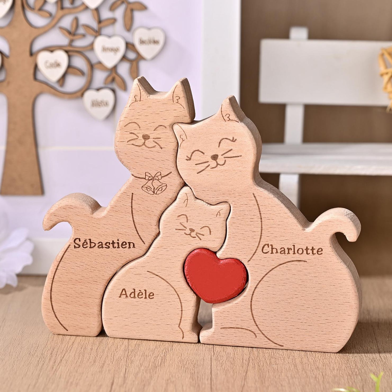 Personalized Cat Puzzle Jigsaw, Cat Wooden Ornament, Family Portrait With Cats, Mum and Dad Anniversary Gifts, Baby Christmas Presents