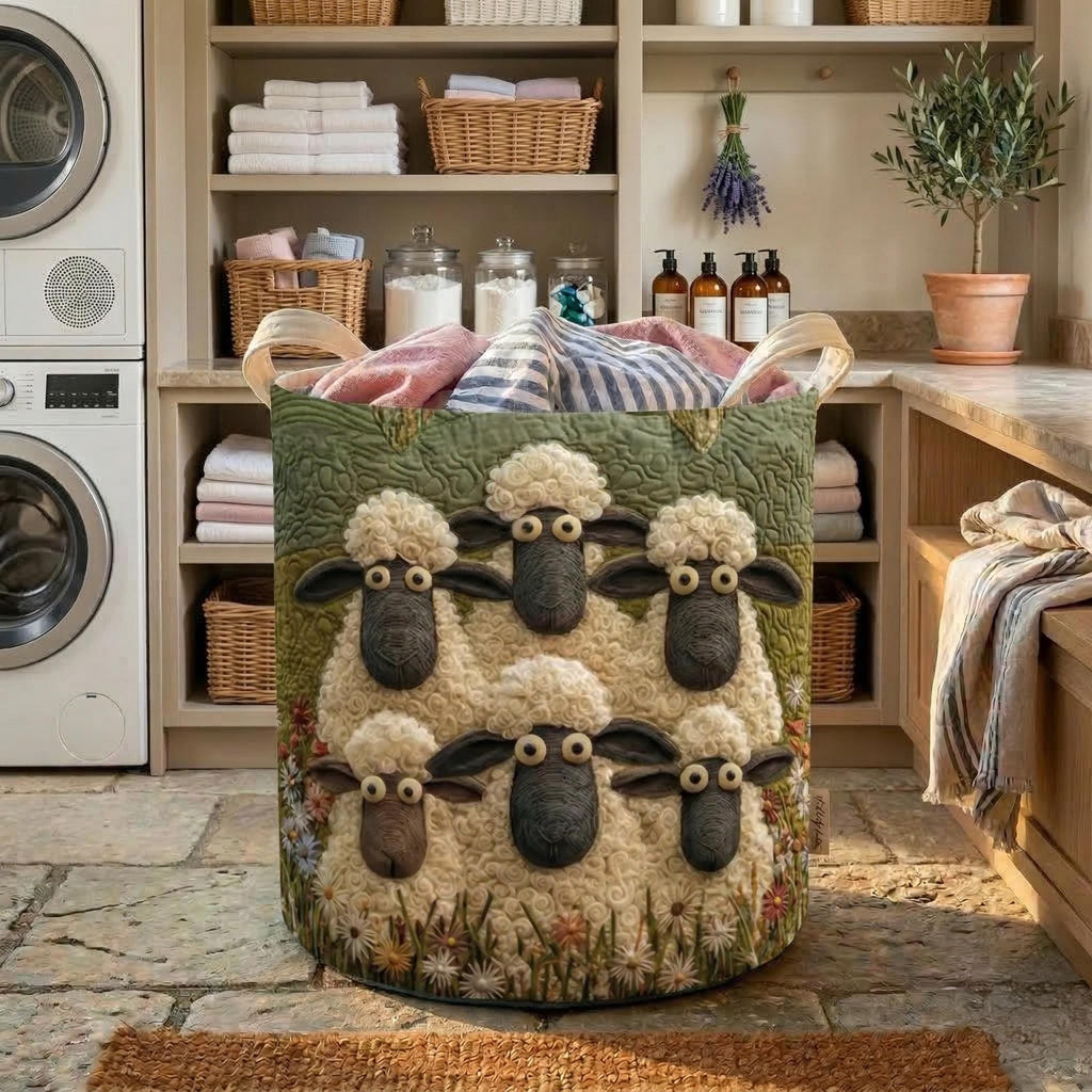 Cute Sheep Quilted Laundry Basket, Farm Animal Hamper, Nursery Storage Bin, Kids Room Organizer, Baby Shower Gift, Foldable Fabric Basket