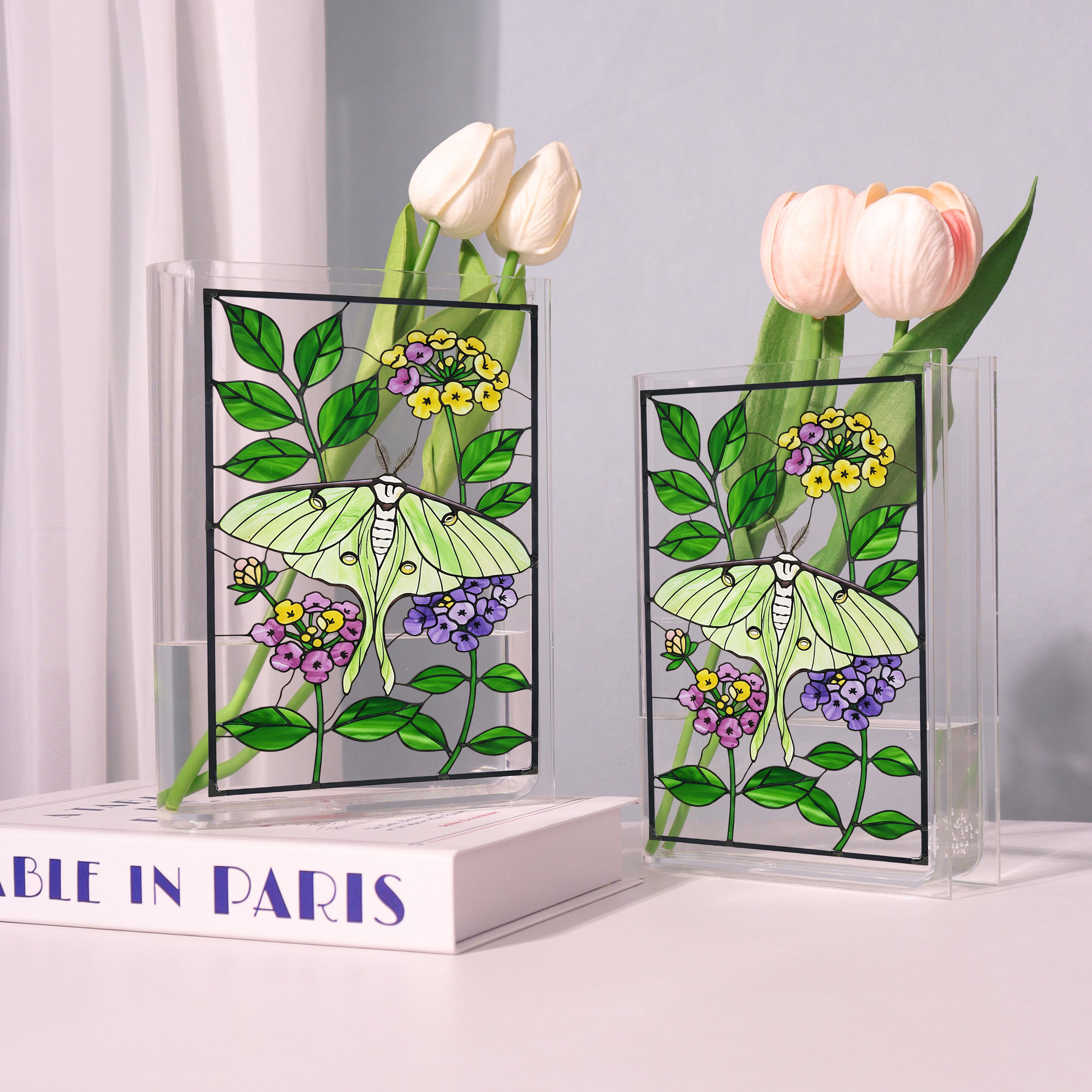 Stained Glass Style Acrylic Book Vase, Luna Moth Bookish Vase, Botanical Book Shaped Vase, Aesthetic Decor, Custom Gift for Book Lovers