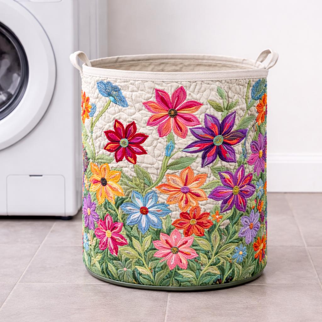Quilted Floral Laundry Basket, Colorful Flower Hamper, Fabric Storage Bin, Cottagecore Home Decor, Nursery Laundry Organizer
