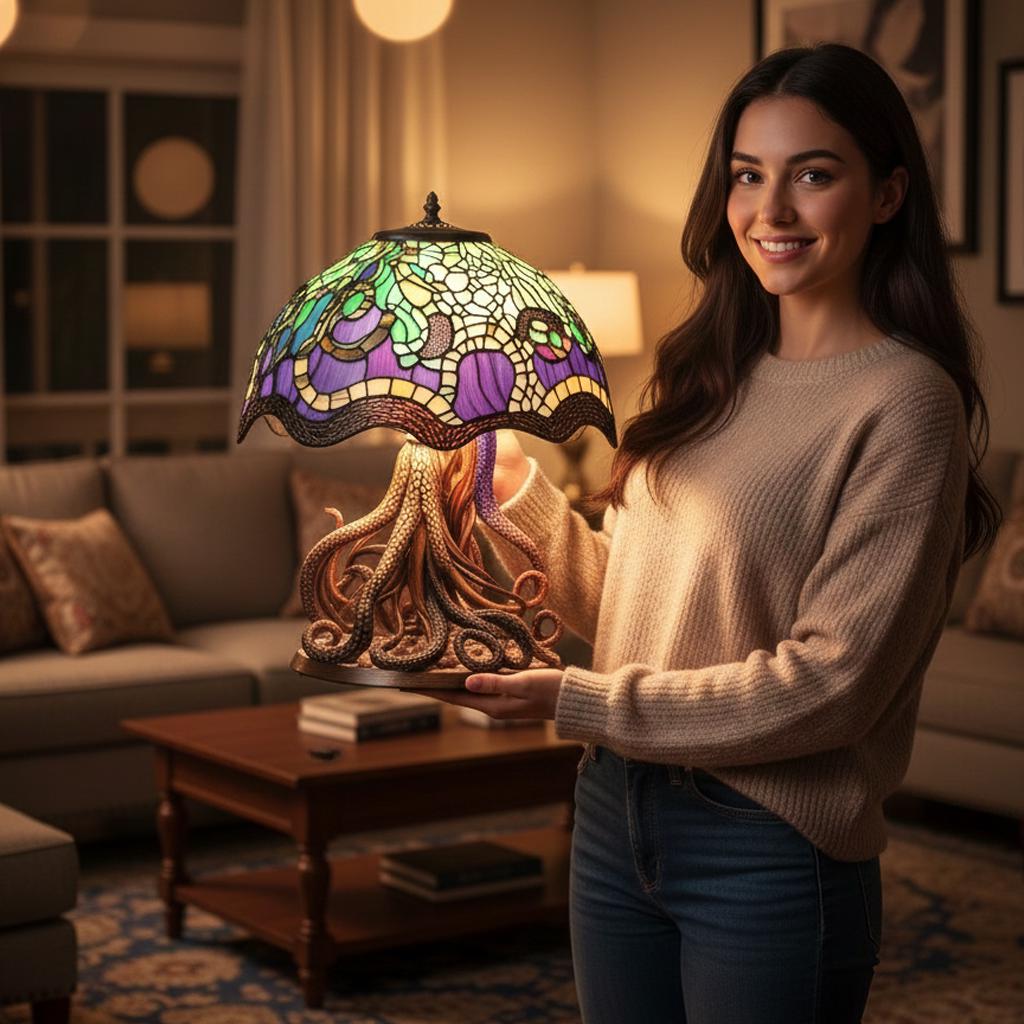 Octopus Tiffany Table Lamp, Stained Glass Nautical Lamp, Ocean Themed Night Light, Handmade Art Deco Desk Lamp, Unique Home Decor Gift