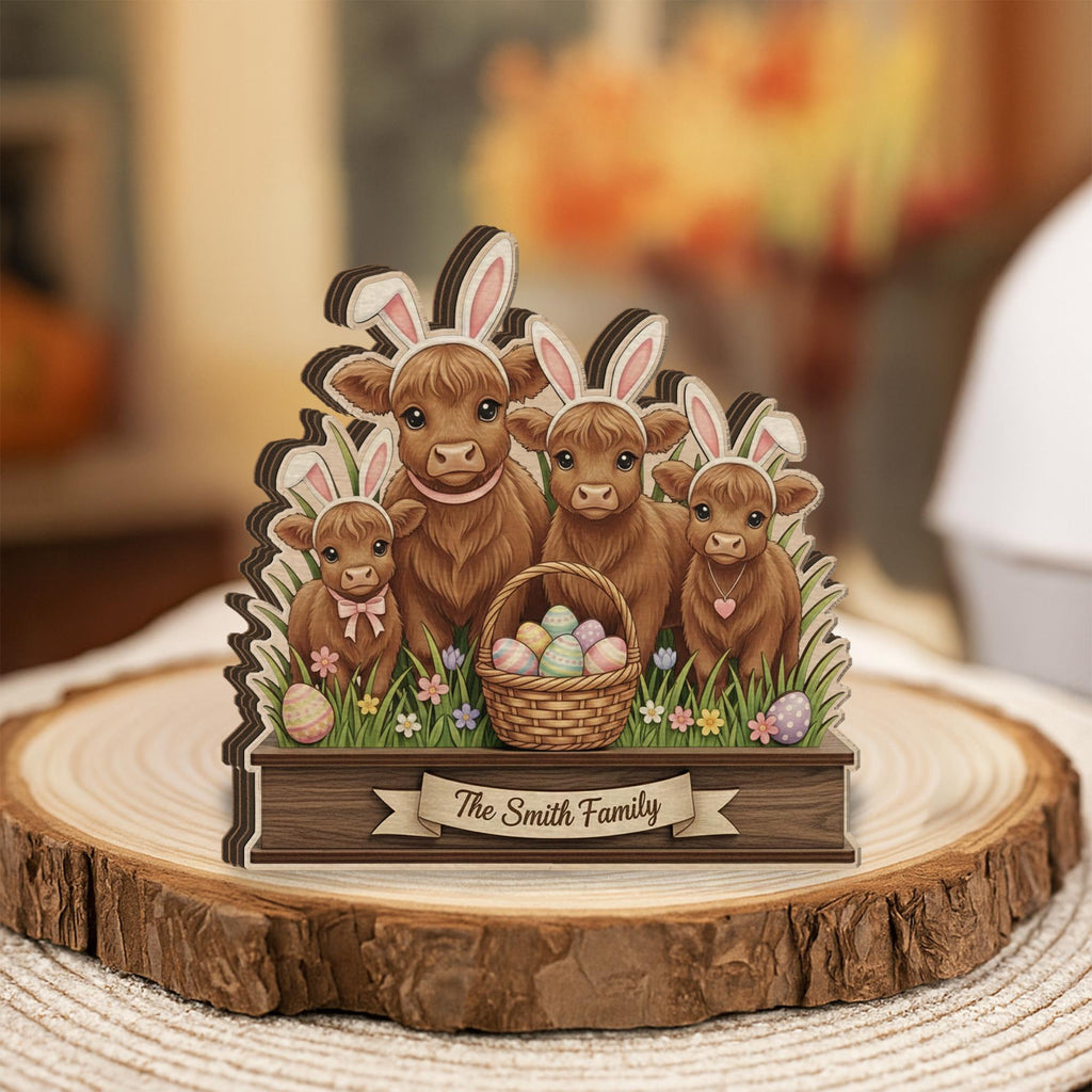 Personalized Wooden Block Easter Highland Cow Decor, Layered Bunny Farmhouse Sign