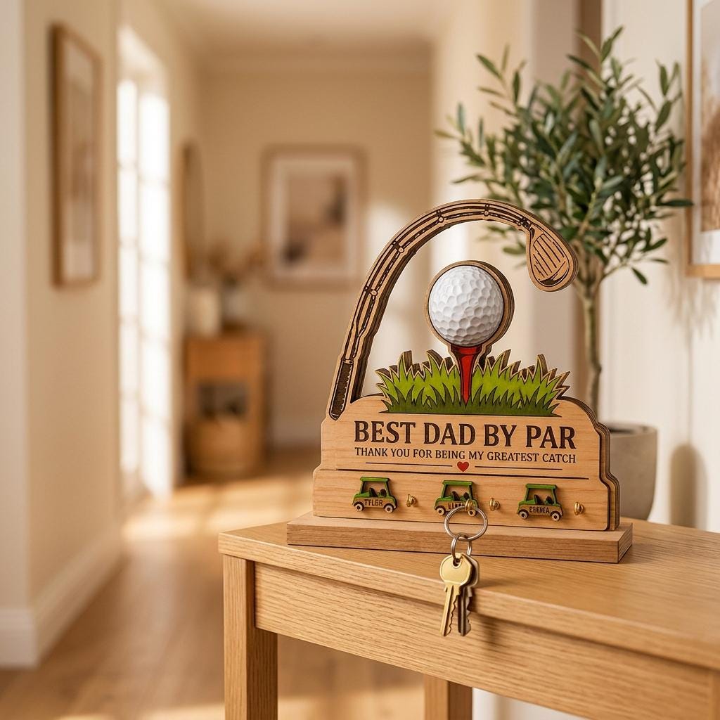 Personalized Golf Key Holder for Dad, Best Dad by Par Wooden Key Rack, Father's Day Gift From Kids, Custom Golf Lover Present