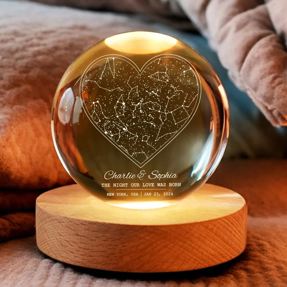 Star Map By Date Couple - Personalized Crystal Ball LED Night Light, Personalized Magical Gift for Her/Him Birthday, Anniversary Memorial Keepsake Night Lamp Decor