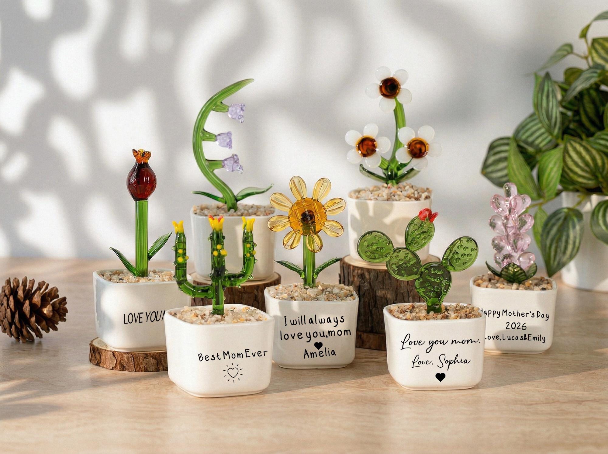 Glass Everlasting Flower Gift for Mom, Personalized Hand Blown Glass Pot, Mom Birthday or Mothers Day Keepsake