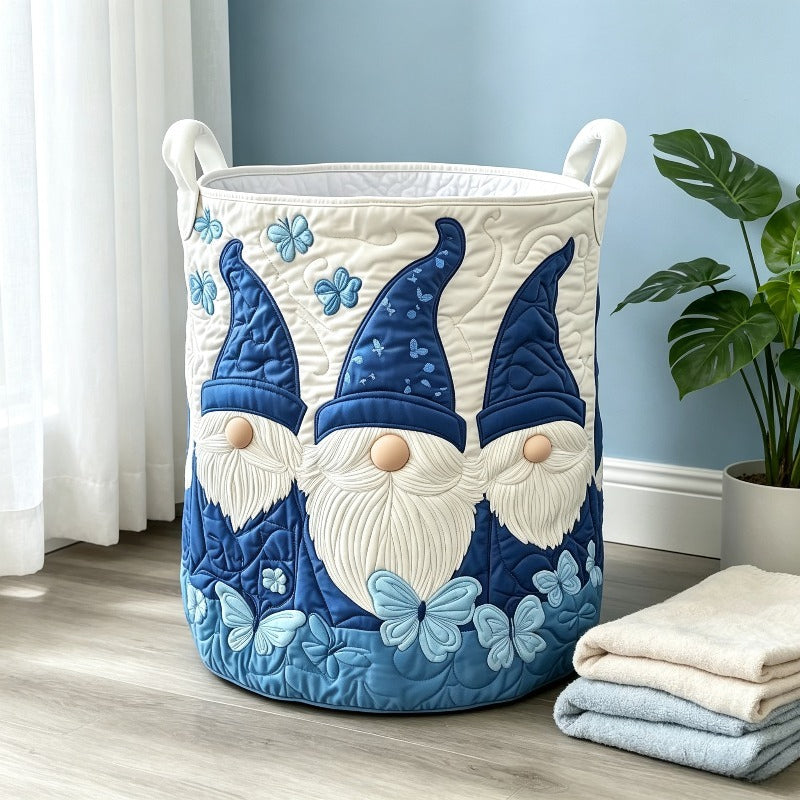 Blue Gnome Quilted Laundry Basket, Large Foldable Fabric Hamper with Handles, Decorative Clothes & Towel Storage Bin