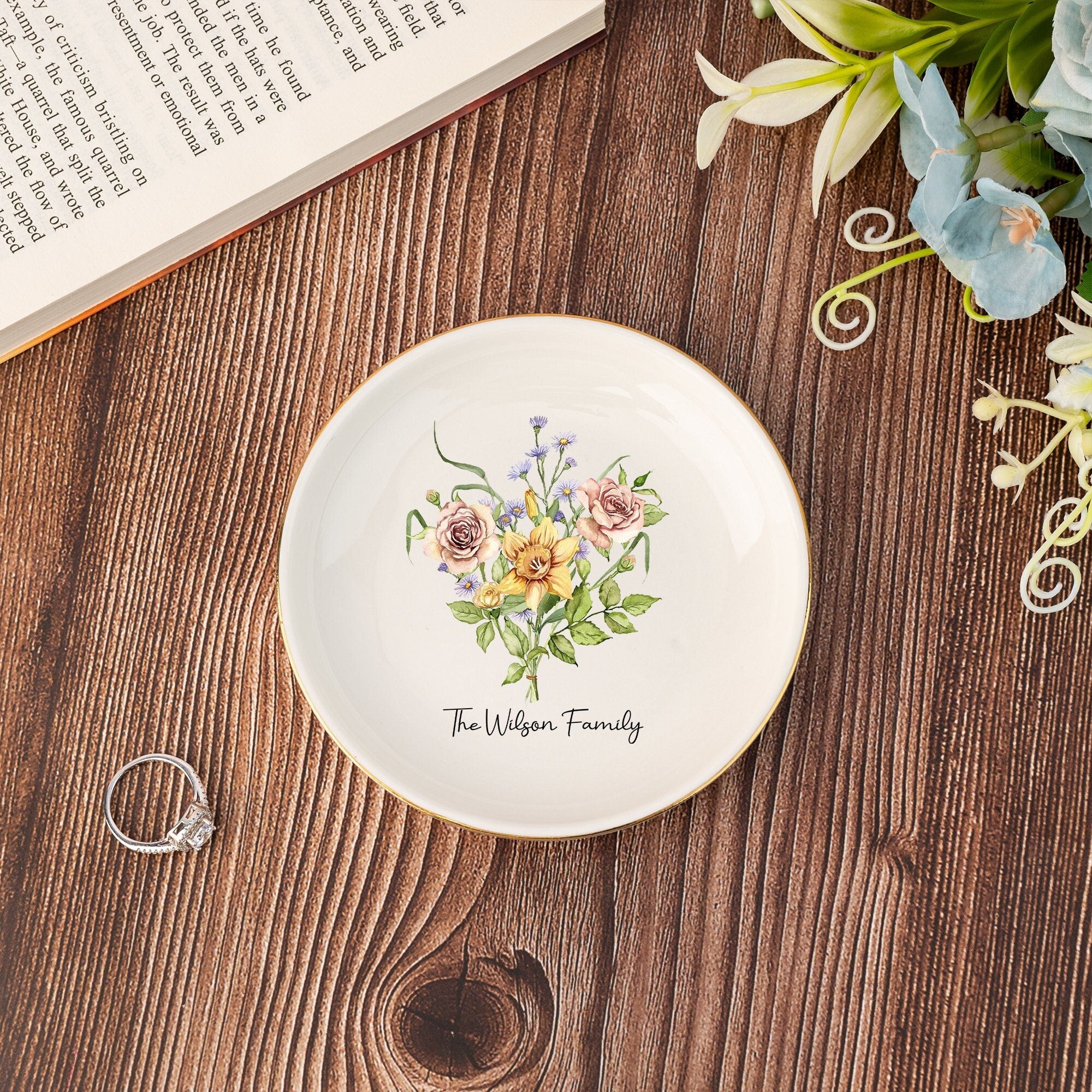 Personalized Birth Flower Jewelry Dish,family Flower Bouquet Ring Dish,wedding Gifts,birthday Jewelry Dish Gift for Mom,bridesmaid Gifts