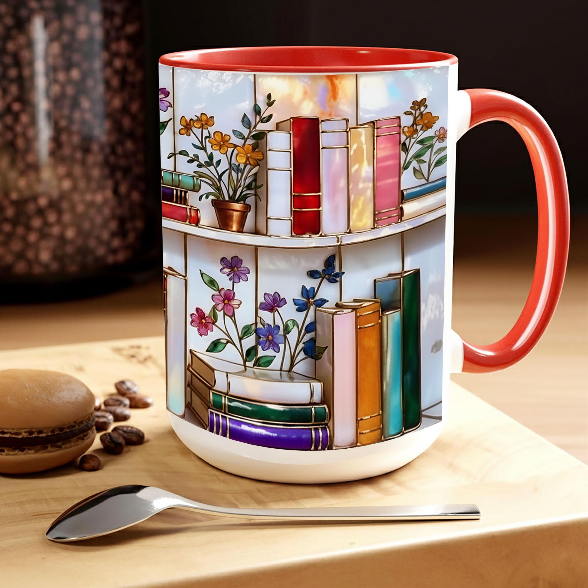 Stained Glass Book Lover Mug Floral Cottagecore Bookshelf Design Colorful Reading Bookish Cup 15oz Ceramic, Handle Color Mug