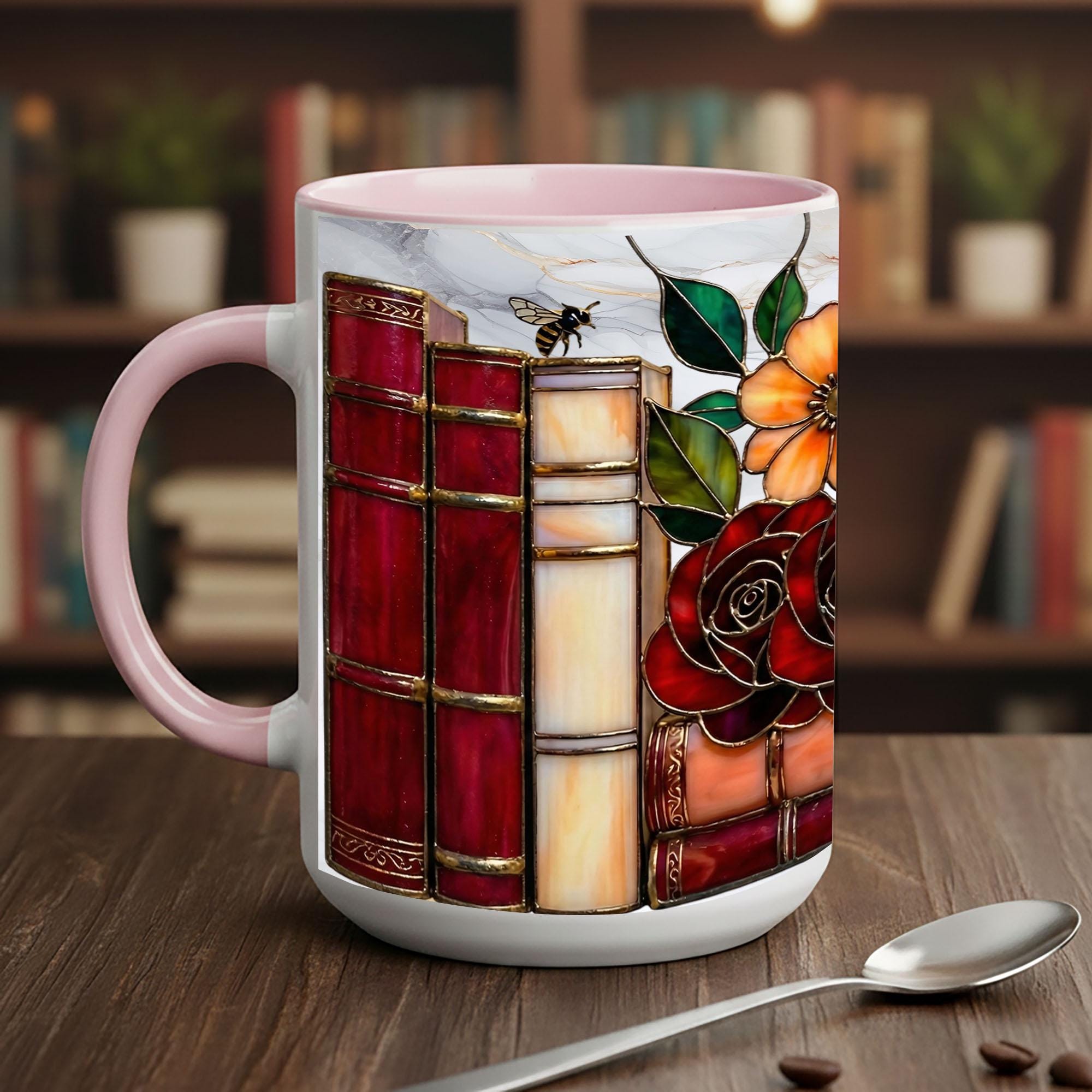 Stained Glass Book Lover Mug Floral Cottagecore Bookshelf Design Colorful Reading Bookish Cup 15oz Ceramic, Handle Color Mug