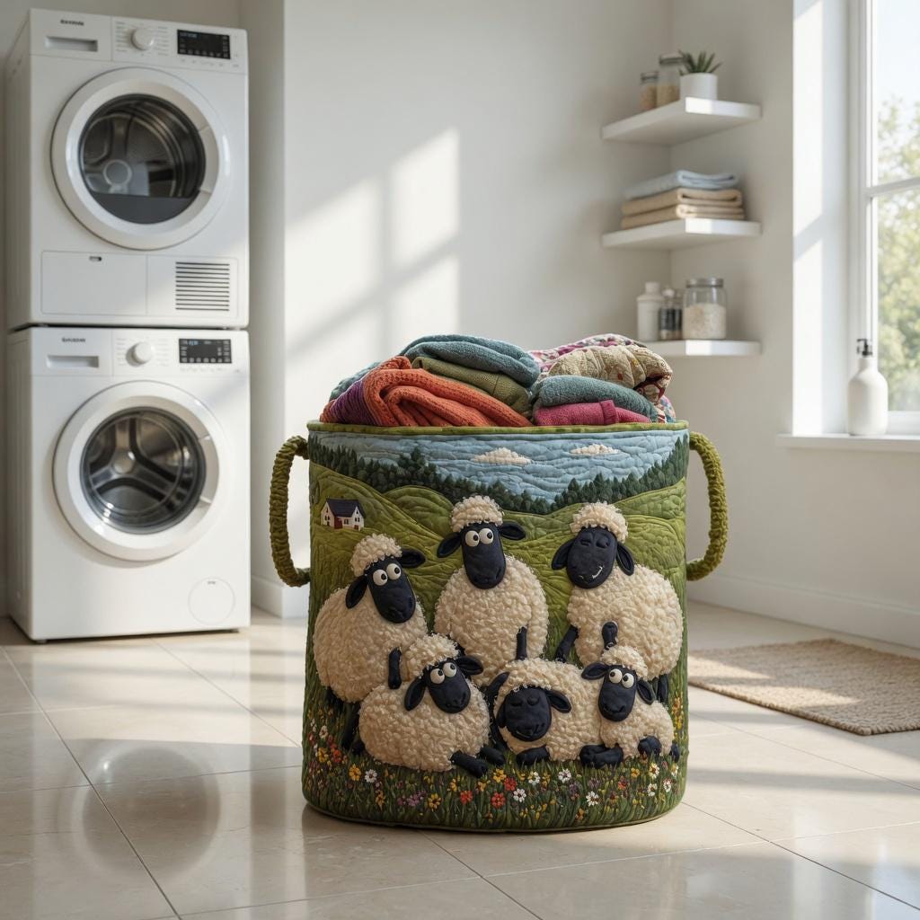 Sheep Heaven Quilted Laundry Basket, Sheep Laundry Room Decor, Soft Fabric Hamper, Colorful Sheep Storage Bin, Gift for Mom, Gift for Her