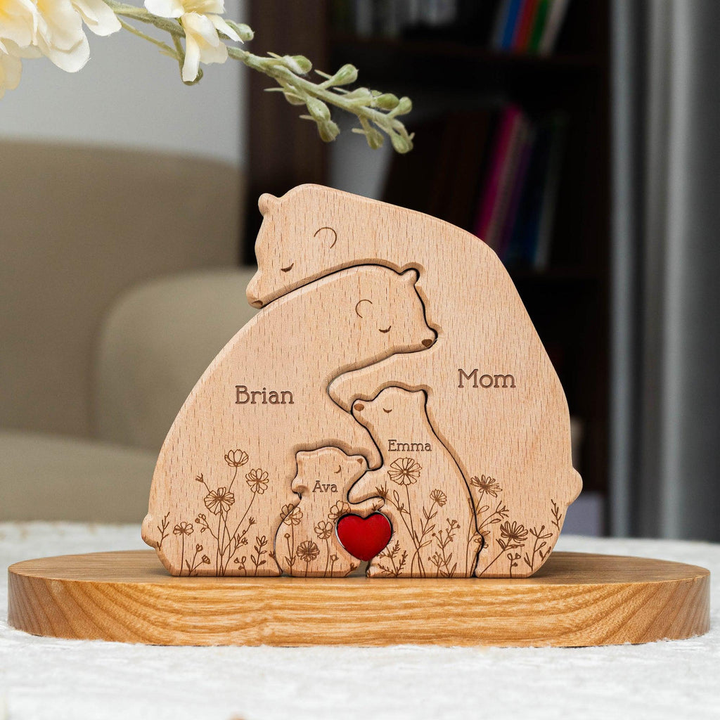 Hugging Bear Family Floral Version, Personalized Wooden Bear Family Puzzle, Wooden Animal Carvings, Family Home Decor, Personalized Wooden Family Puzzle, Custom Engraved Wood Family Gift