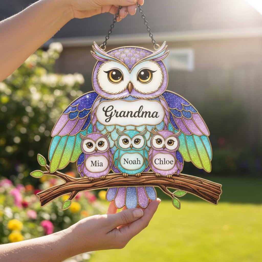 Personalized Owl Family Suncatcher, Custom Name Grandma Owl Acrylic Window Art, Faux Stained Glass Bird Decor, Mother's Day Gift