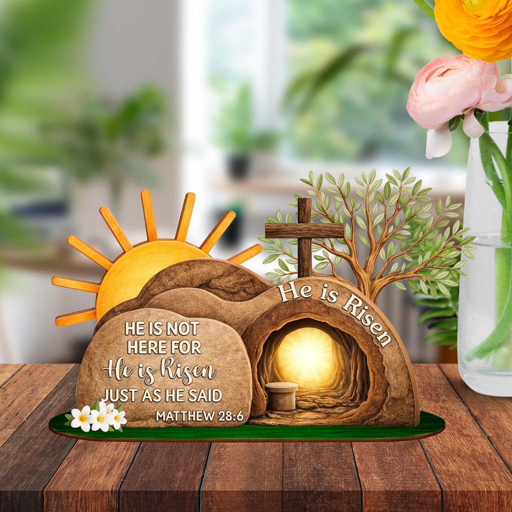He is Risen Wooden Standing, Easter Resurrection Scene Sign, Christian Empty Tomb Tabletop Display, Easter Faith Gift, Bible Verse Art