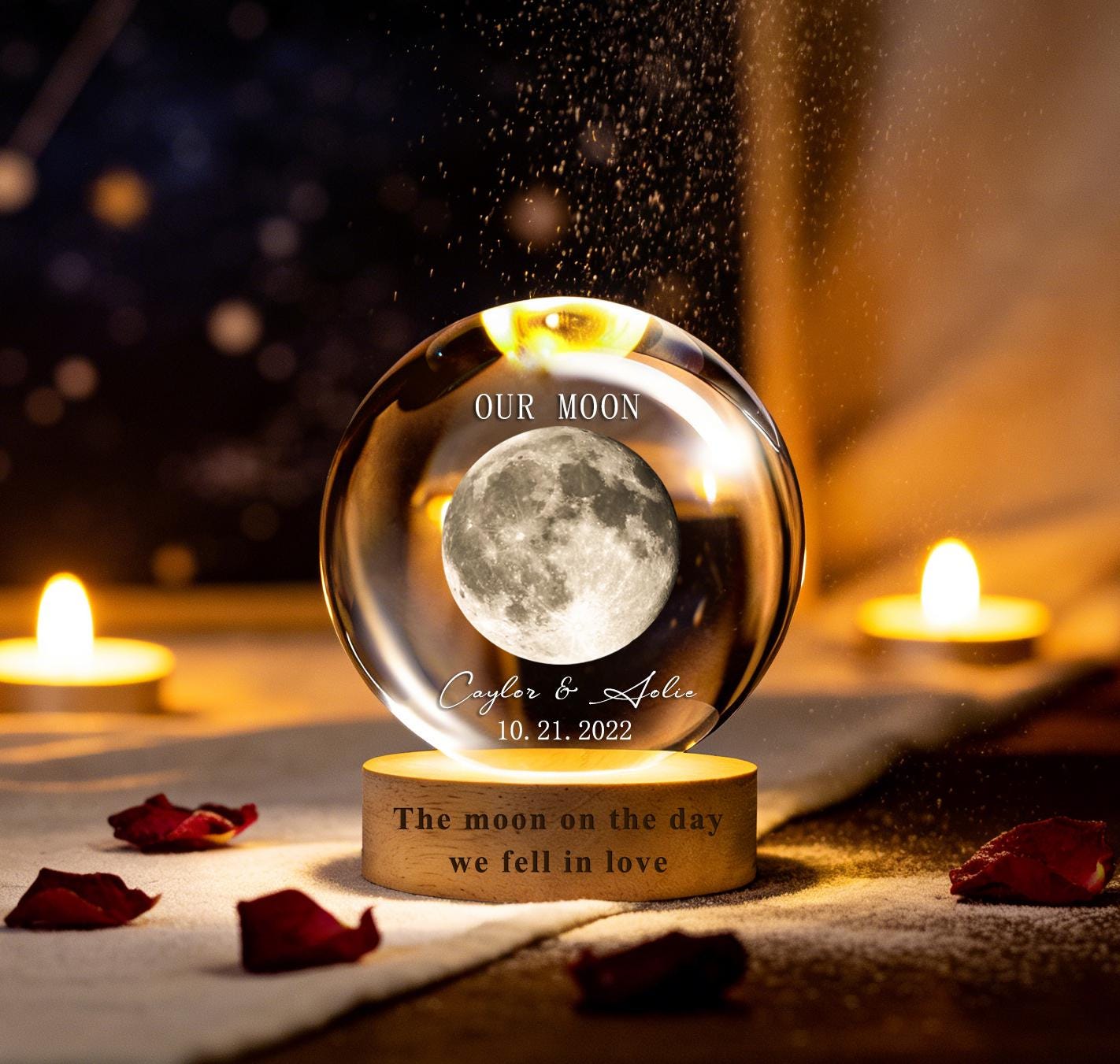Our Moon Special Day Custom Moon Phase, Personalized Crystal Ball LED Night Light, Valentine's Day Gift for Couple, Husband, Boyfriend, Wife
