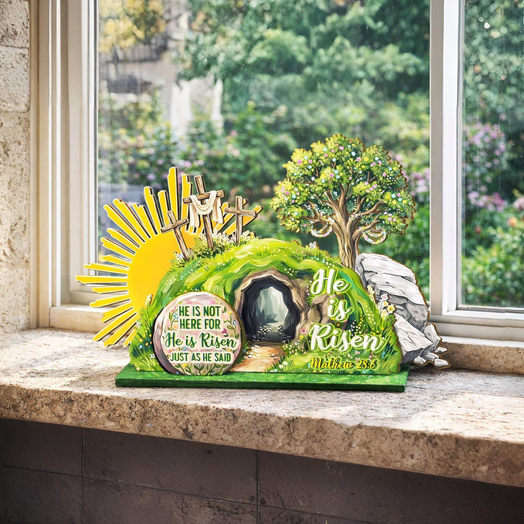 He is Risen Easte Wooden Block, Christian Resurrection Table Sign, Religious Home Decor Gift, Empty Tomb Cross Wood Shelf