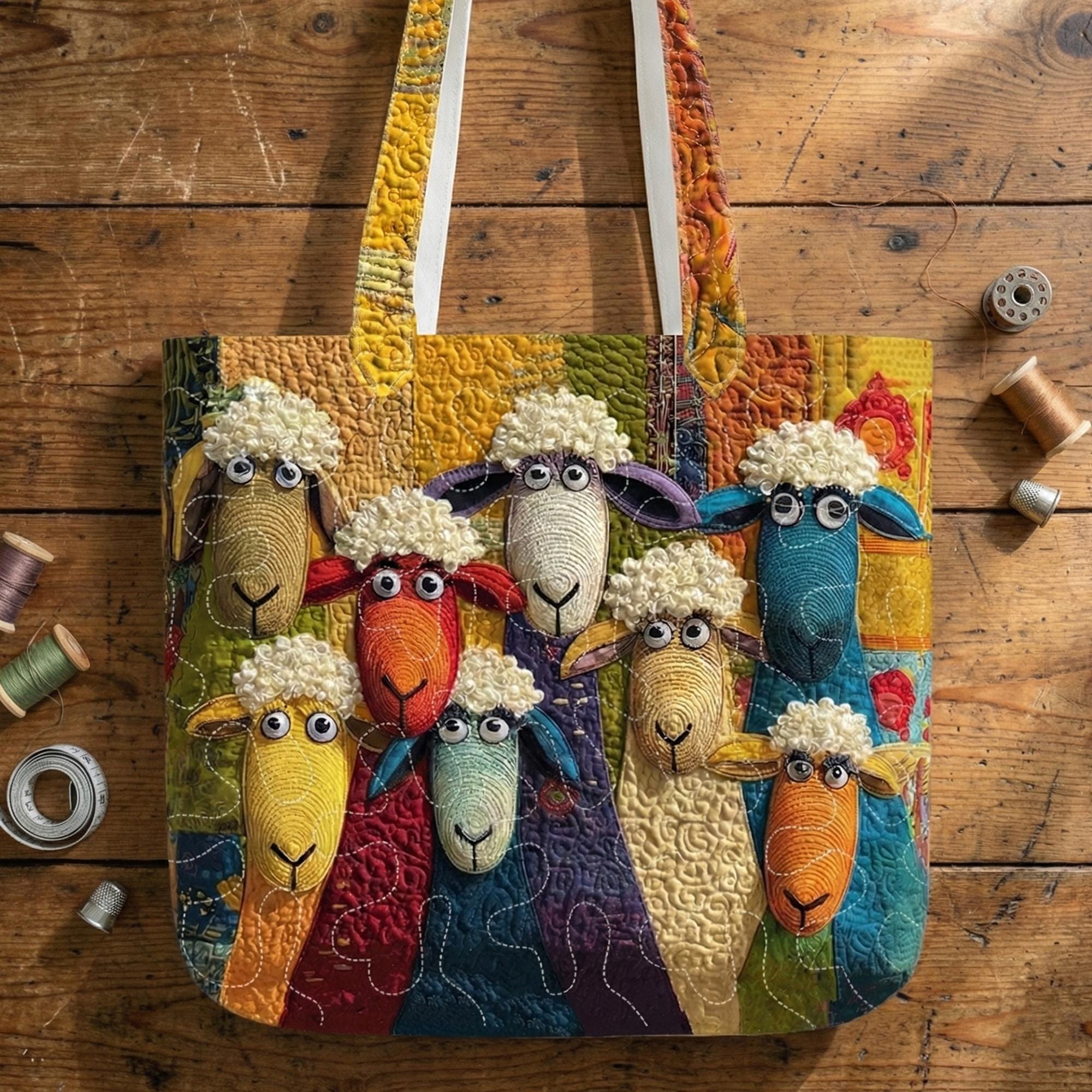Personalized Colorful Sheep Quilted Tote Bag – Farm Sheep Fabric Tote, Animal Lover Gift