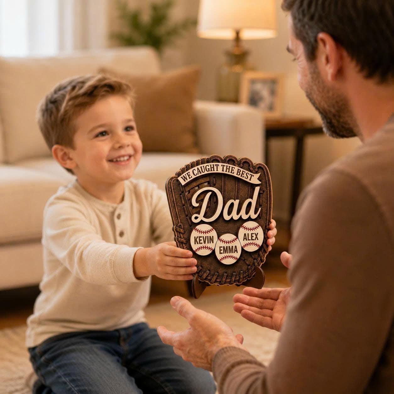 Personalized Baseball Glove Wood Sign, Custom Father's Day Gift, We Caught the Best Dad Baseball Plaque, Birthday Gift for Dad From Kids