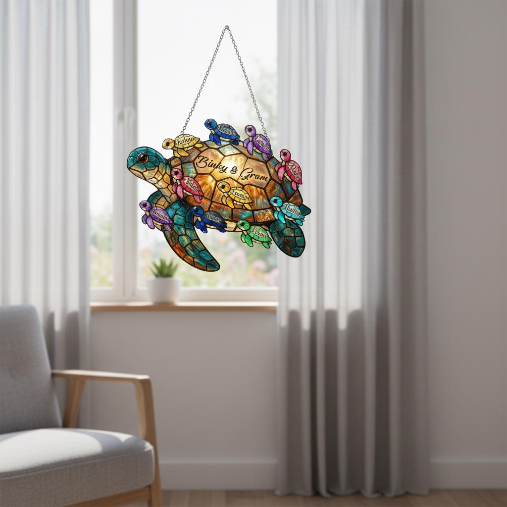Personalized Grandma Sea Turtle Acrylic Suncatcher, Hanging Home Decor Gift for Granny Children Family, Adorable Birthday Mother's Day Gift