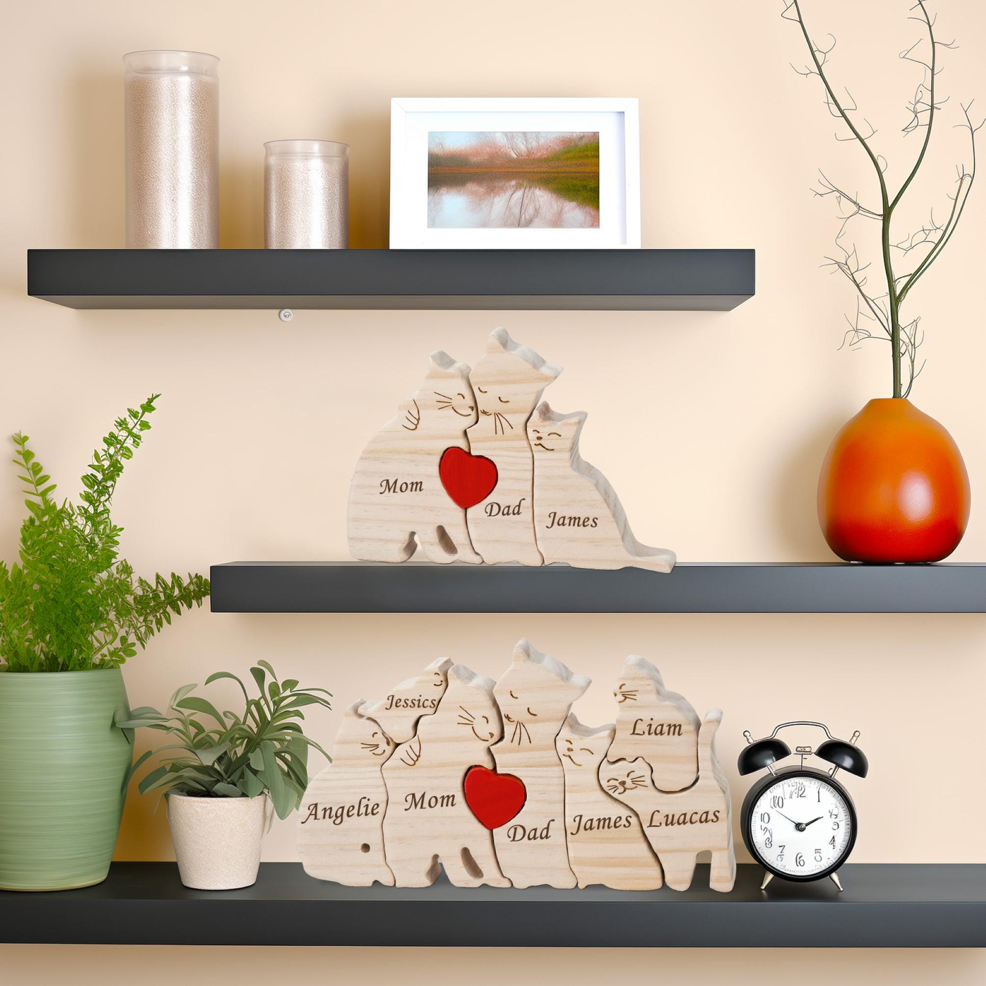 Wooden Cat Family Puzzle, Cat Family Home Decor, Wedding Anniversary Gifts for Wife, Nursery Cat Decor, Christmas Gifts for Mom Grandma