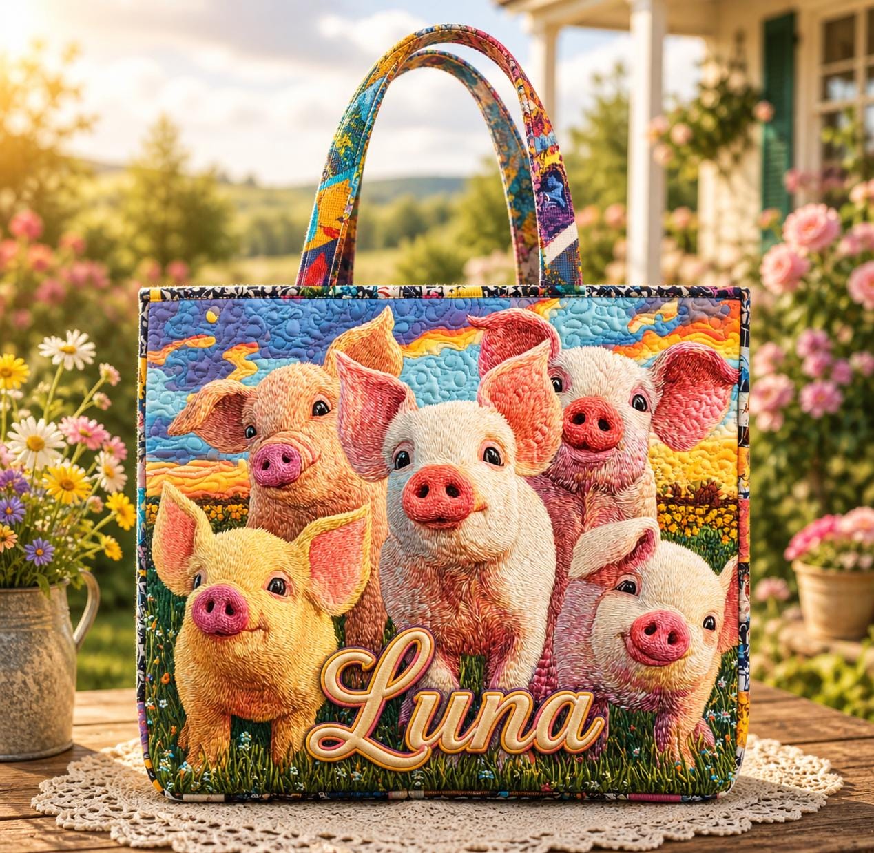 Personalized Gardening Pig Quilted Tote Bag, Custom Name Garden Pig Tote, Cute Animal Shoulder Bag, Handbag Gift for Pig Lover