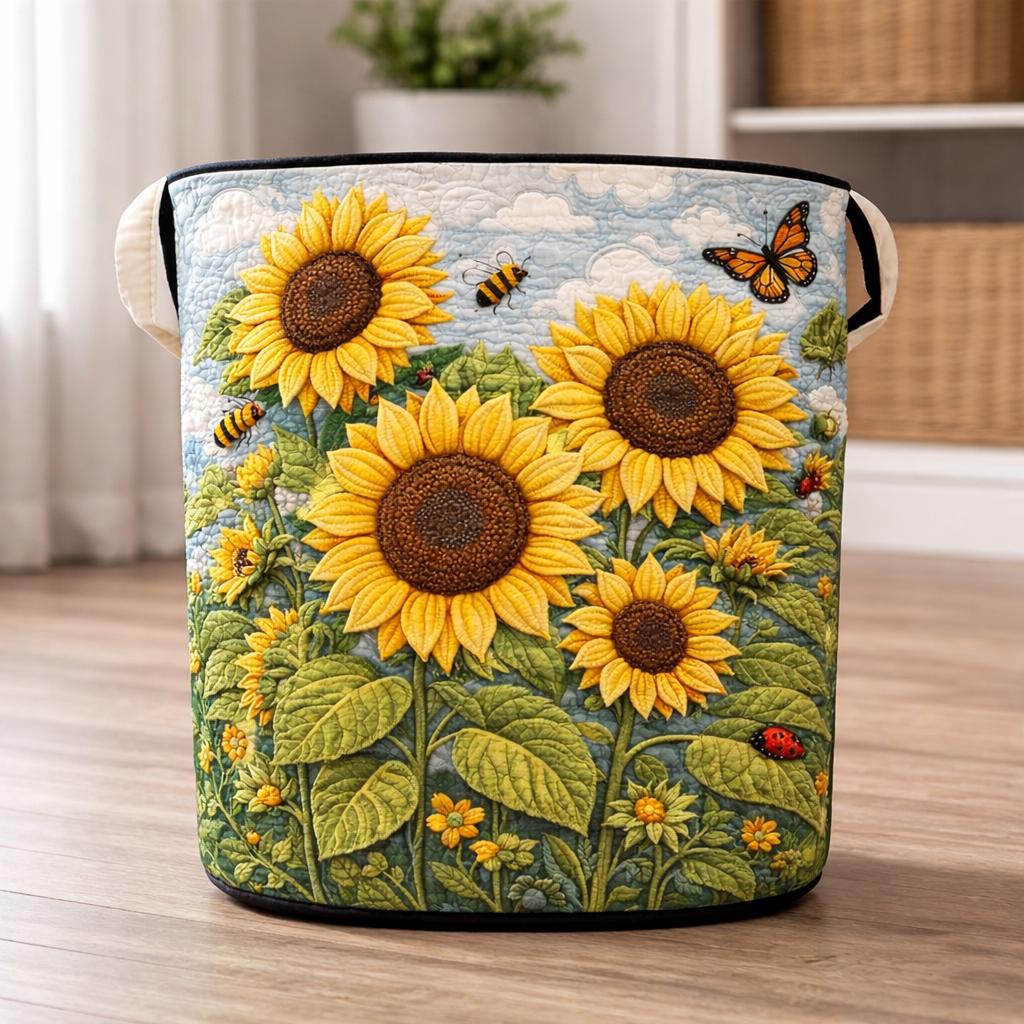 Quilted Laundry Basket With Sunflowers, Decorative Fabric Basket for Laundry, Floral Storage Basket, Home Organization Basket