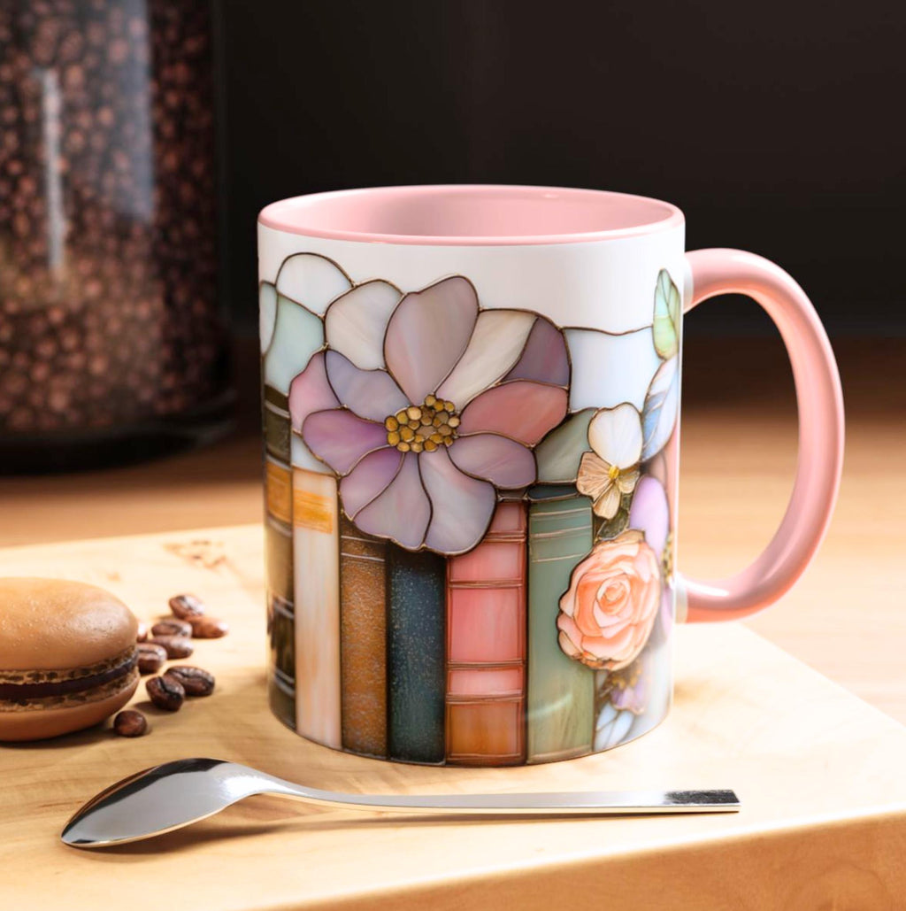 Floral Bookshelf Coffee Mug_ Stained Glass Style Book Lover Coffee Ceramic Cup Literary Gift