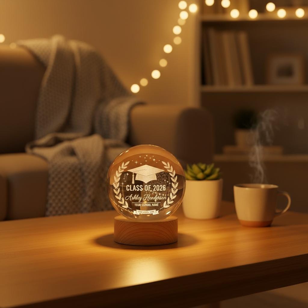 Personalized Graduation Gift Class of 2026, Custom Name School Crystal Ball Night Light, University Grad Keepsake, Wood Base LED Lamp