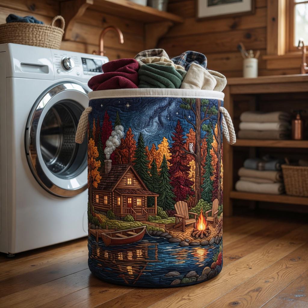 Quilted Laundry Basket with Rustic Cabin Night Scene, Starry Sky Lake Storage Bin, Cozy Woodland Hamper, Cabin Room Decor