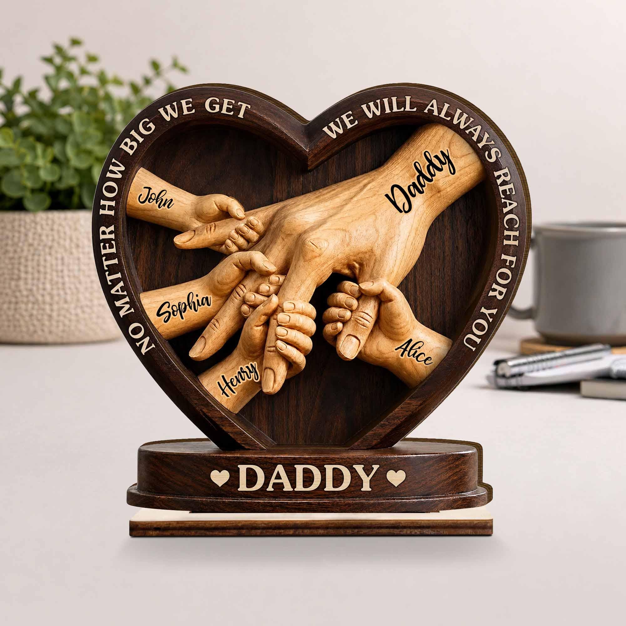 Personalized Wooden Family Hand Sculpture, Custom Daddy Keepsake, Heart-shaped Desk Decor