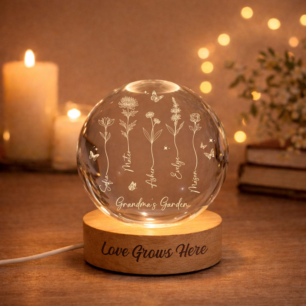 Grandma's Garden Birth Flower Crystal Ball Night Light, Custom LED Night Light With Kids Names, Mother's Day Gift, Family Birth Flower Gifts