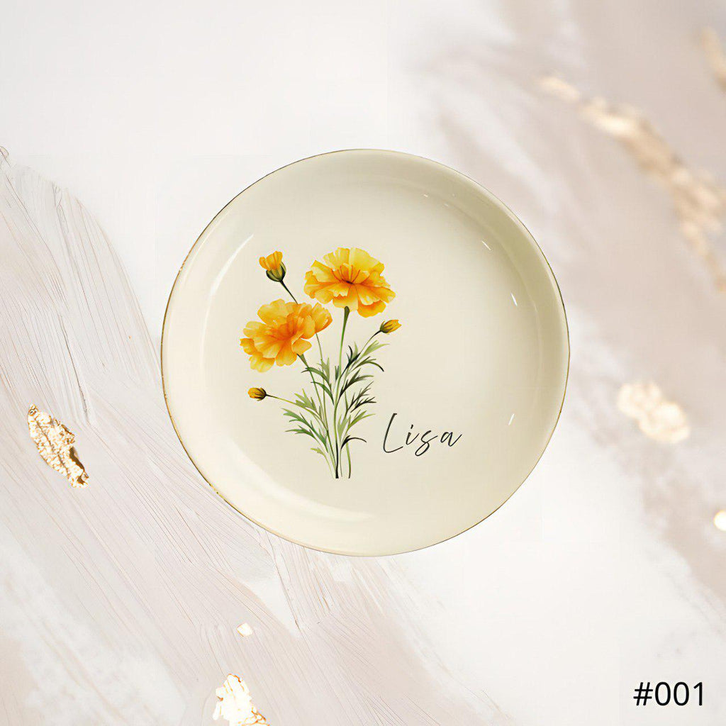 Personalized Birth Flower Jewelry Dish, Custom Ceramic Ring Dish, Custom Name Trinket Dish, Gift for Her, Gift