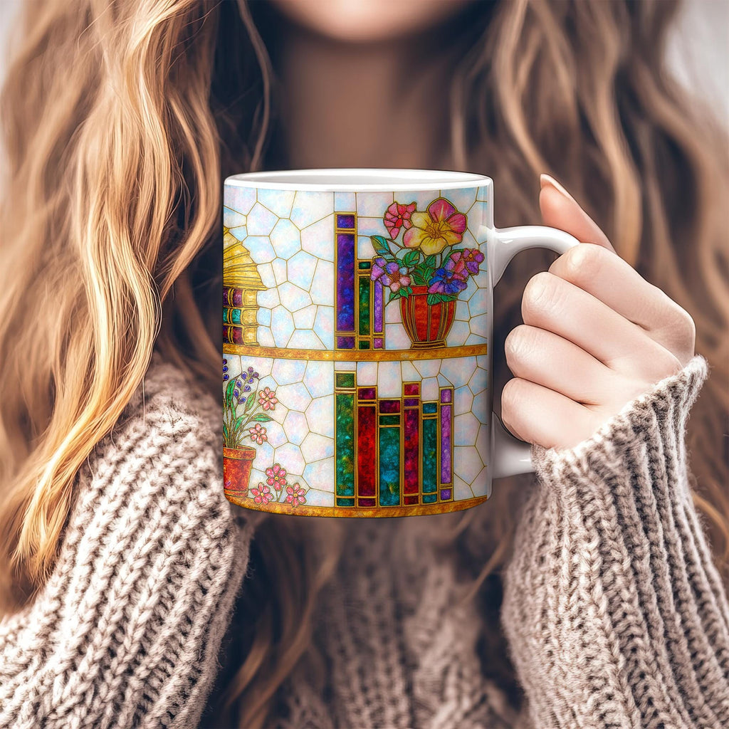 Book Lover Coffee Mug_ Stained Glass Bookshelf - Floral, Opal and Gemstone Style, Bookish Gift for Readers, Dark Academia Mug, Floral Bookshelf Cup, Cute Character Mug – Fun Design for Daily Use =