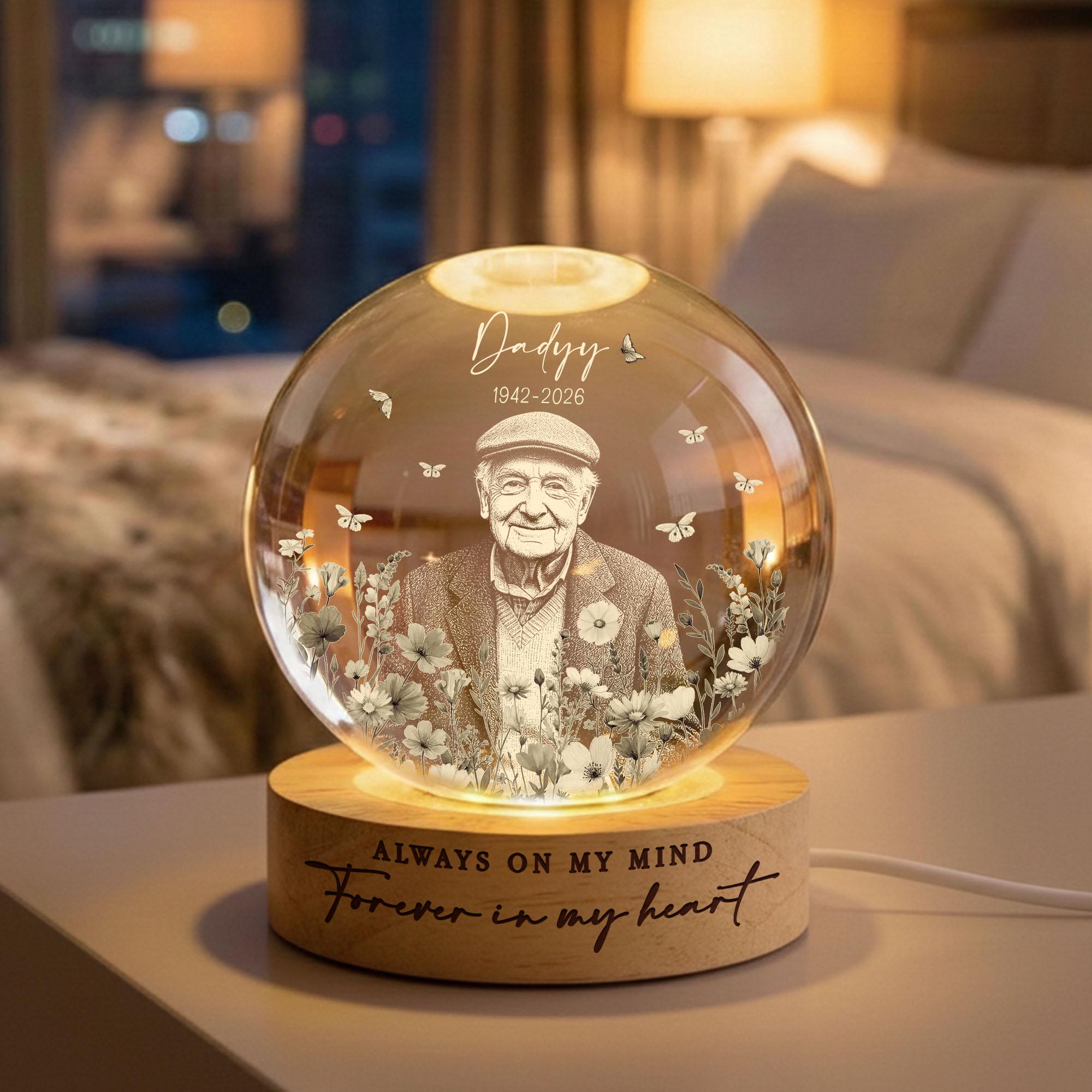 Custom Mom Memorial Crystal Ball Night Light, Engraved Photo Light Night, Loss of Mother Gift, Always on My Mind, Mothers Day Gift for Mom