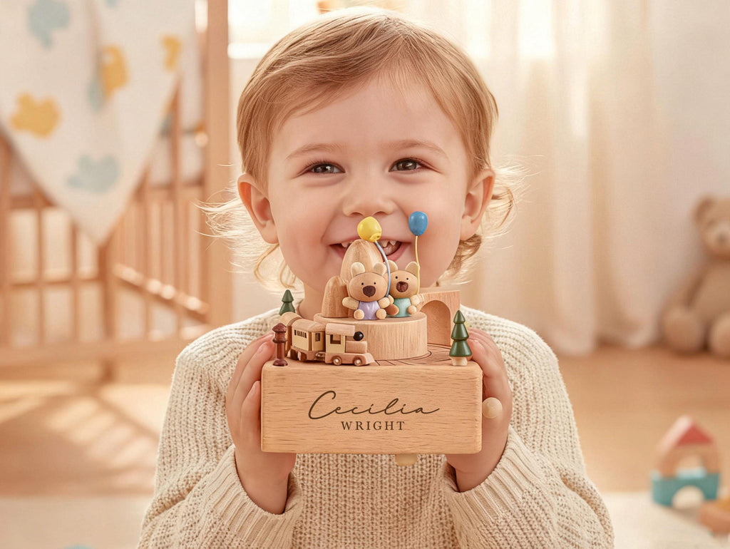 Bear Paradise Train Birthday Music Box, Custom Wooden Handmade Music Box, 1st Birthday, Personalised Music Box Gift, Newborn Gift, Christmas