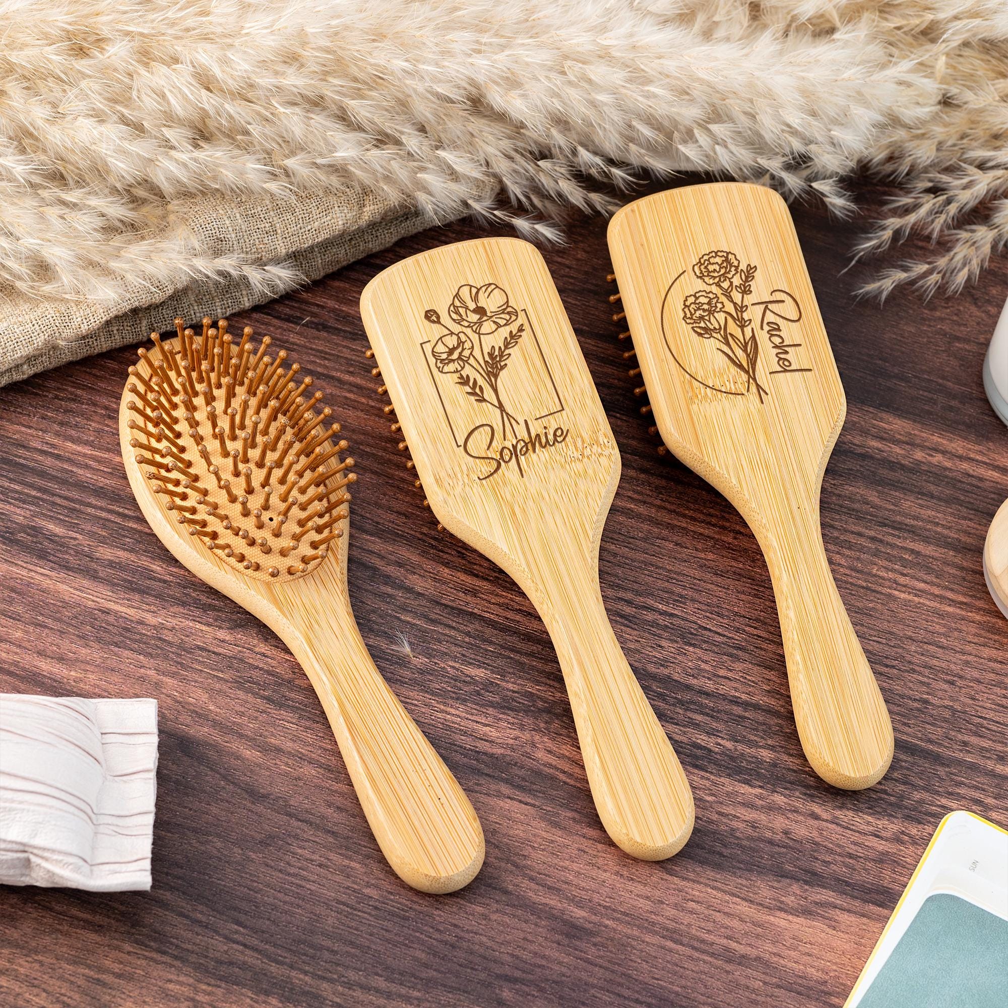 Personalized Birth Flower Wooden Comb,Engraved Name Airbag Brush,Wedding Bridesmaid Gift,Birthday Gift for Her,Bamboo Paddle Hairbrush