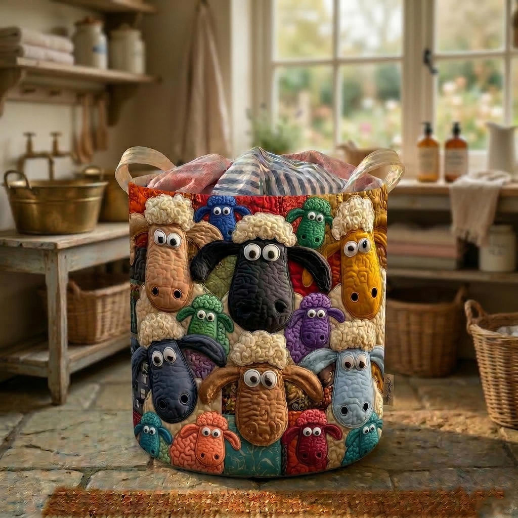 Funny Sheep Farm Quilted Laundry Basket, Cute Animal Quilted Hamper, Cottagecore Storage Bin, Cozy Home Organizer Gift, Gift for Mother Day