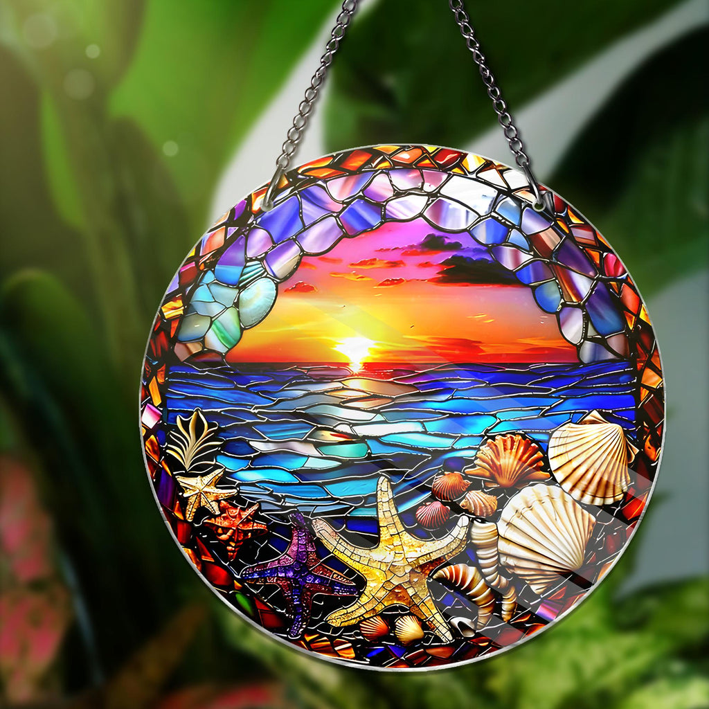 Sunset Beach ACRYLIC Window Hanging Decor Ocean Art Starfish Seashell Suncatcher Coastal Home Decor Unique Beach Lover Gift Beach Lover