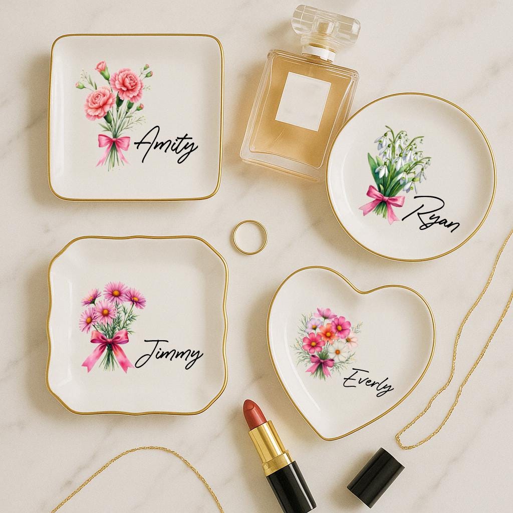 Personalized Birth Flower Ceramic Jewelry Dish_ Custom Trinket Tray, Custom Watercolor Flower Ring Dish, Wedding Bridesmaid Gift, Birthday Jewelry Dish, Christmas Gifts