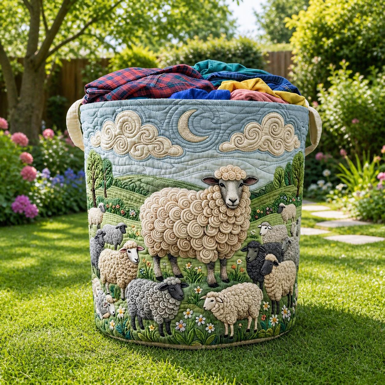 Quilted Laundry Basket With Sheep Farm Design, Large Fabric Hamper, Cute Nursery Storage Bin, Farmhouse Home Decor Organizer