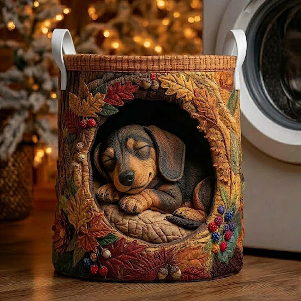 Dachshund Quilted Laundry Basket, Fall Vibe Dog Lover Hamper, Family Storage Bin, Cozy Autumn Pet Room Decor