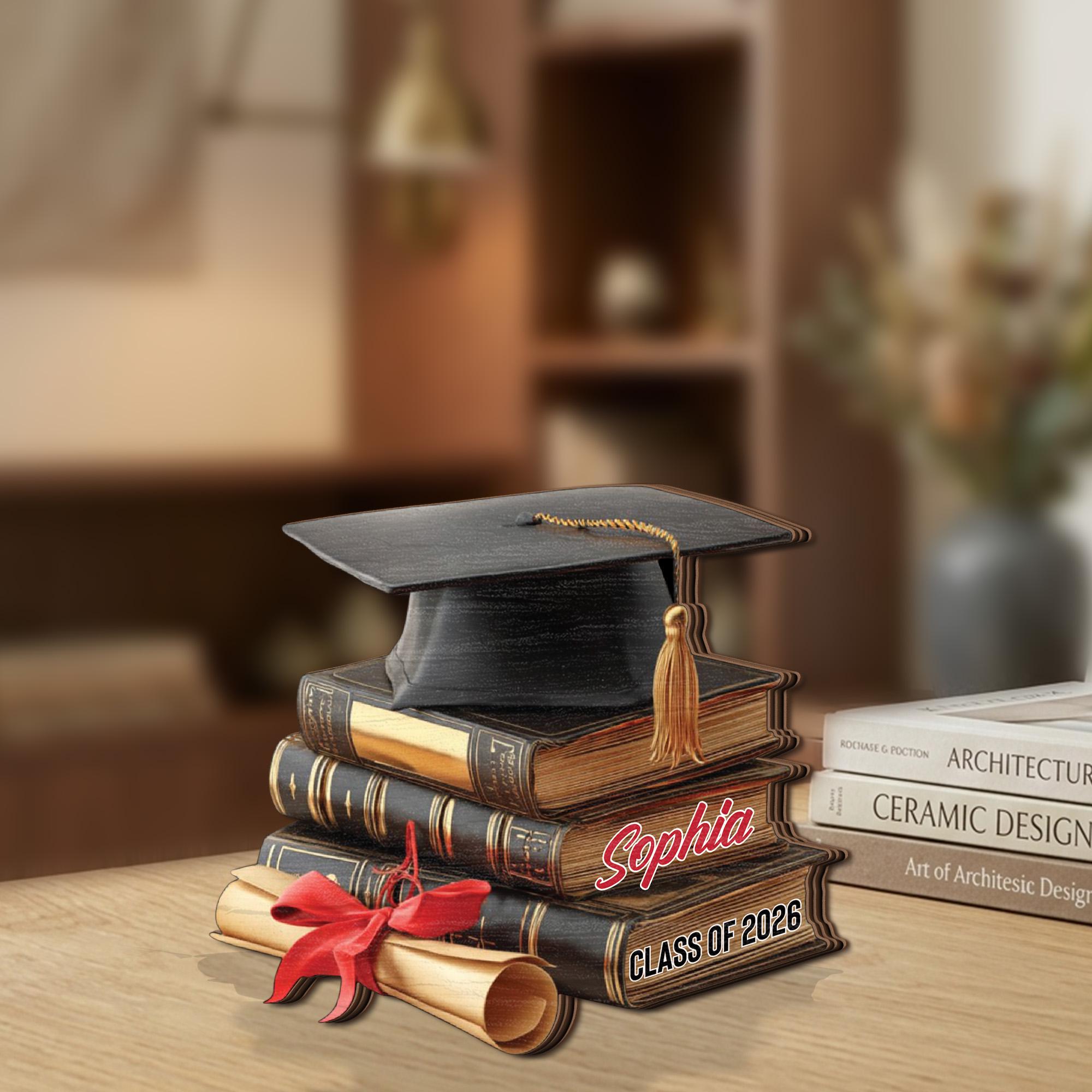Class of 2026 Graduation Wooden Block Sign, Personalized Keepsake, Custom Name Graduate Decor, Cap and Books Design, Graduation Gift
