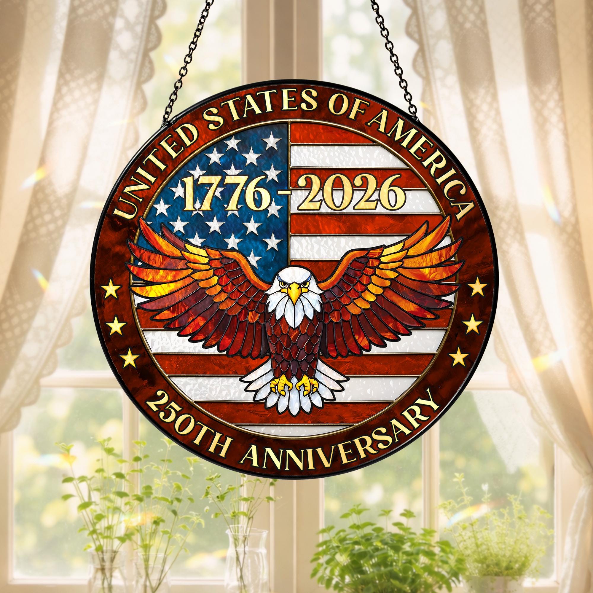 Stained Glass Suncatcher 250th Birthday USA, America 250 Window Hanging, Patriotic 4th of July Decor, Semiquincentennial Gift, 1776 2026