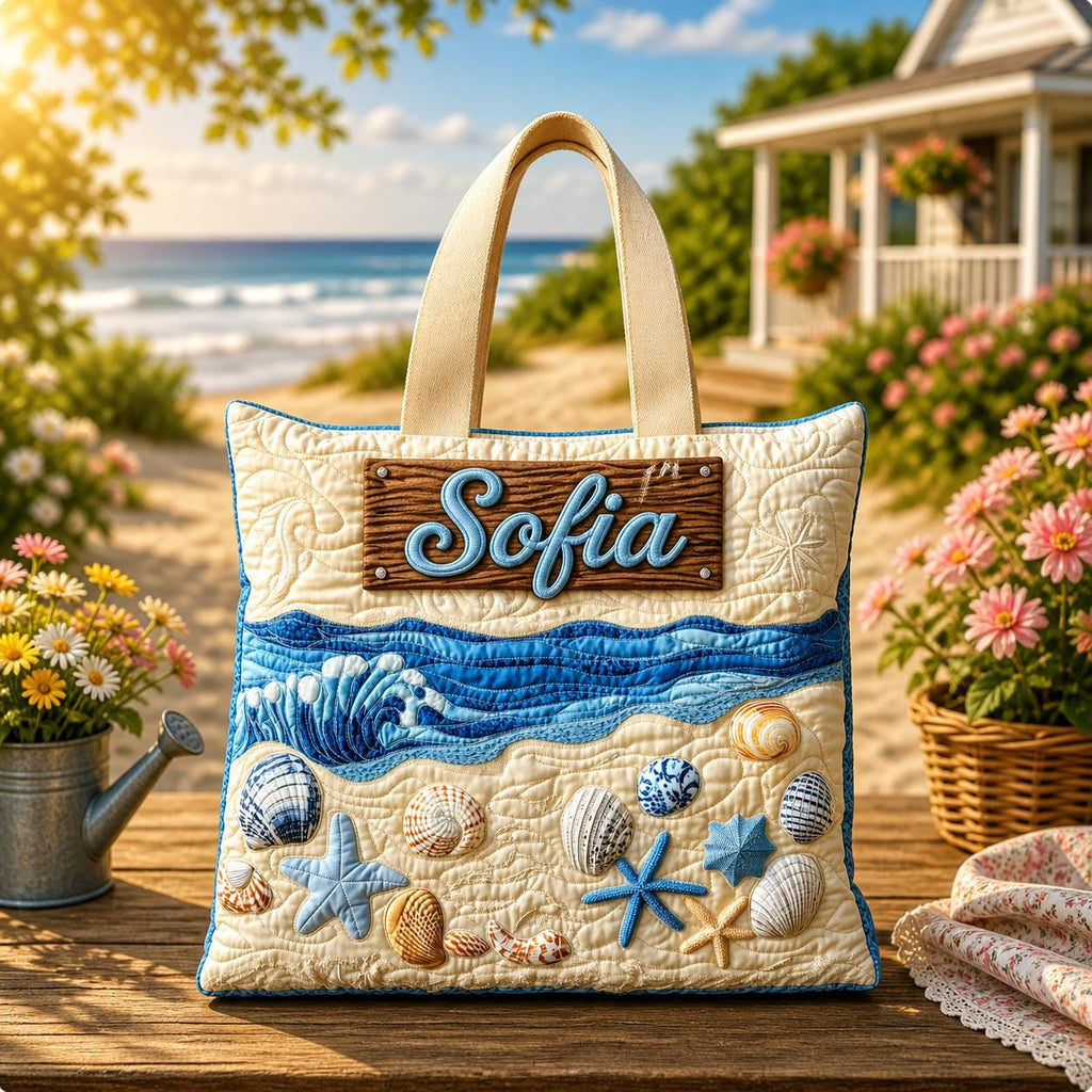 Personalized Seashell Starfish Quilted Tote Bag, Custom Name Summer Vacation Tote, Cute Sea Shoulder Bag, Handbag Gift for Beach Lover