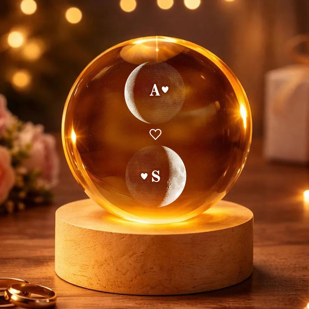 Custom Couple Moon Phase - Personalized Crystal Ball LED Night Light,  Moon Phase Print, Valentines Day Wedding Anniversary Gift For Couple