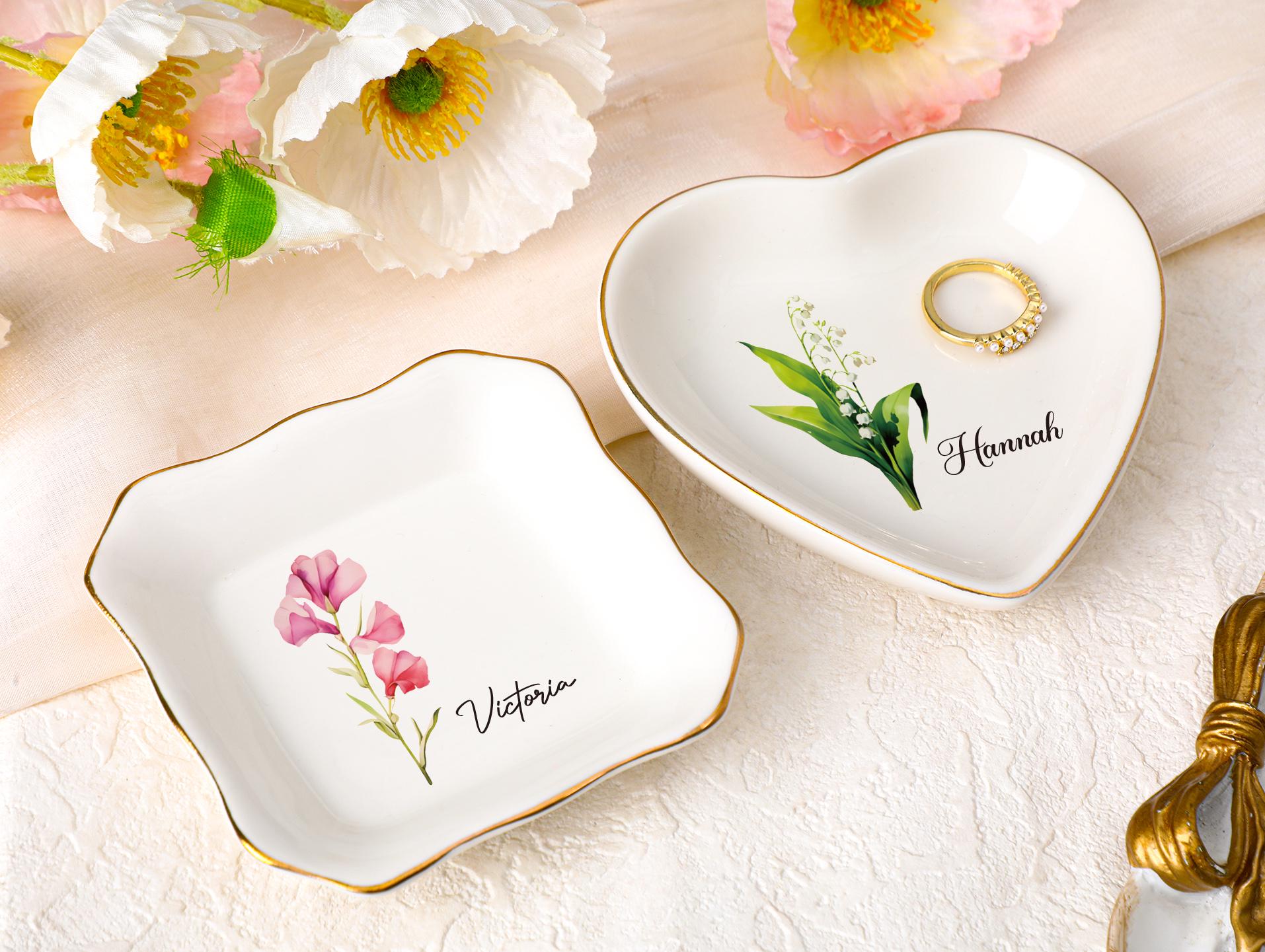 Personalized Birth Flower Jewelry Dish, Watercolor Flower Trinket Dish, Custom Ring Trinket Dish, Bridesmaid Gift, Birthday Gift for Her