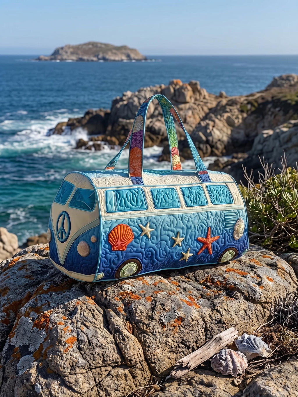 Quilted Camping Van Duffle Bag, Coastal Weekender Travel Tote, Beach Lover Overnight Bag