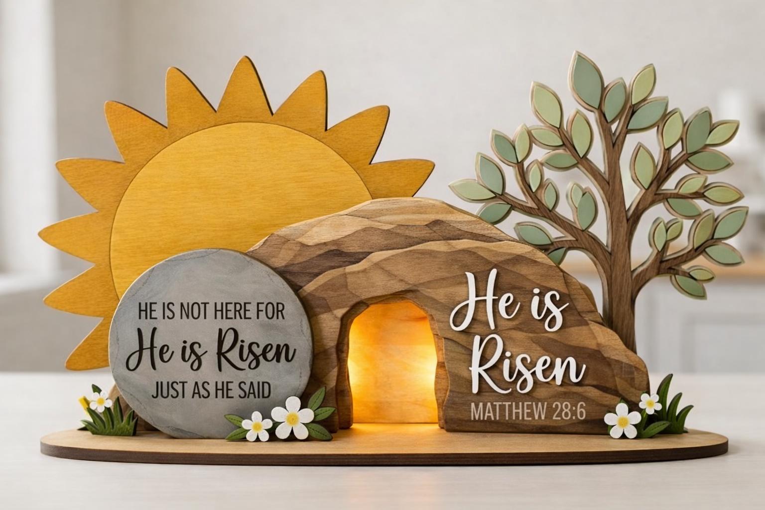 He is Risen Easter Table Sign, Christian Resurrection Wooden Block, Empty Tomb Cross Wood Shelf, Religious Home Decor Gift, Easter Gift