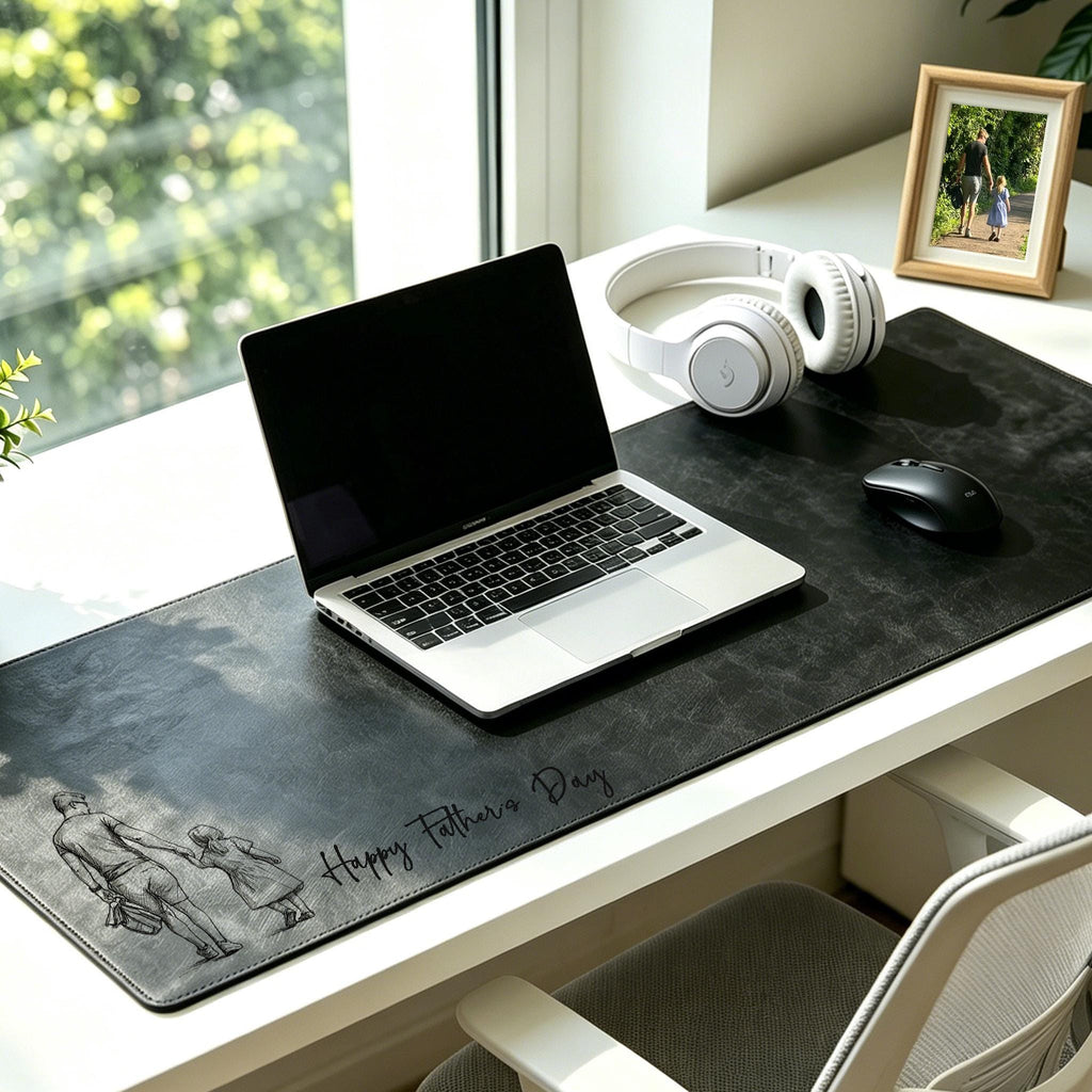 Personalized Dad We Love You Custom Photo Sketch Line Art Desk Mat, Father's Day Gift for Husband, Daddy & Kid Picture Desk Pad Mouse Mat